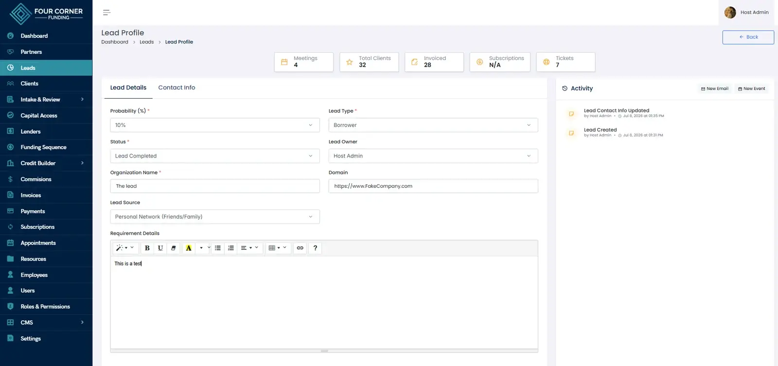 Lead profile with lead type, status, owner, organization, source, and an activity history of record changes.